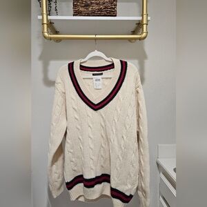 Brandy Melville Cream V-Neck Sweater with Navy and Red Trim